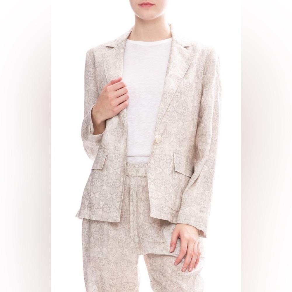Raquel Allegra Cream Silver Linen Printed Cargo Blazer - 2 / Medium